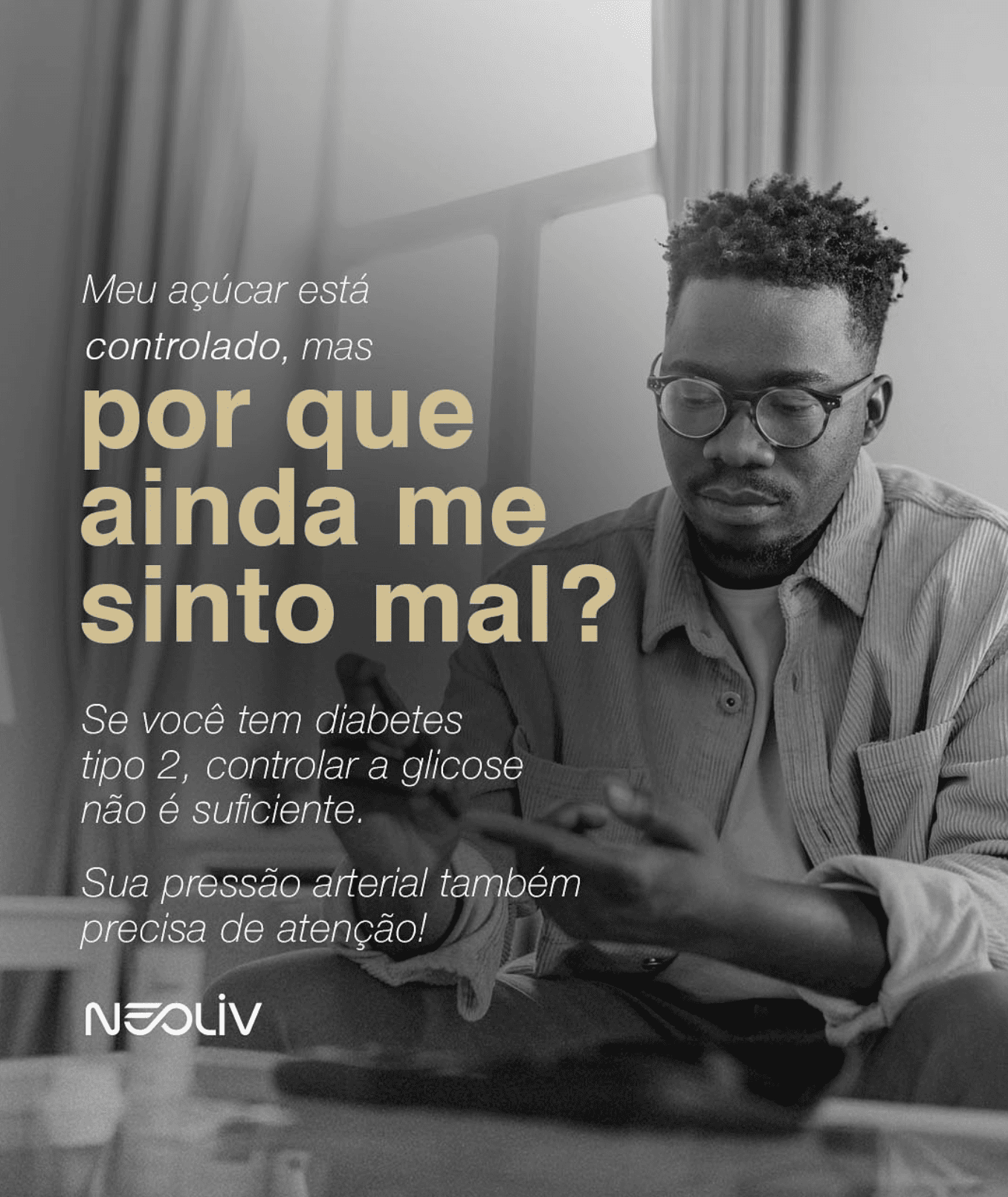 Banner - Homem medindo glicose ao fundo. Com titulo Por que ainda me sinto mal? Para uma página web sobre diabetes de uma clínica especializada em Brasilia