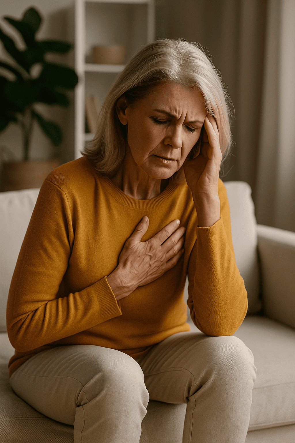 Mulher de meia-idade com dor no peito e mal-estar, possíveis sinais de complicações cardiovasculares associadas à dislipidemia não tratada.