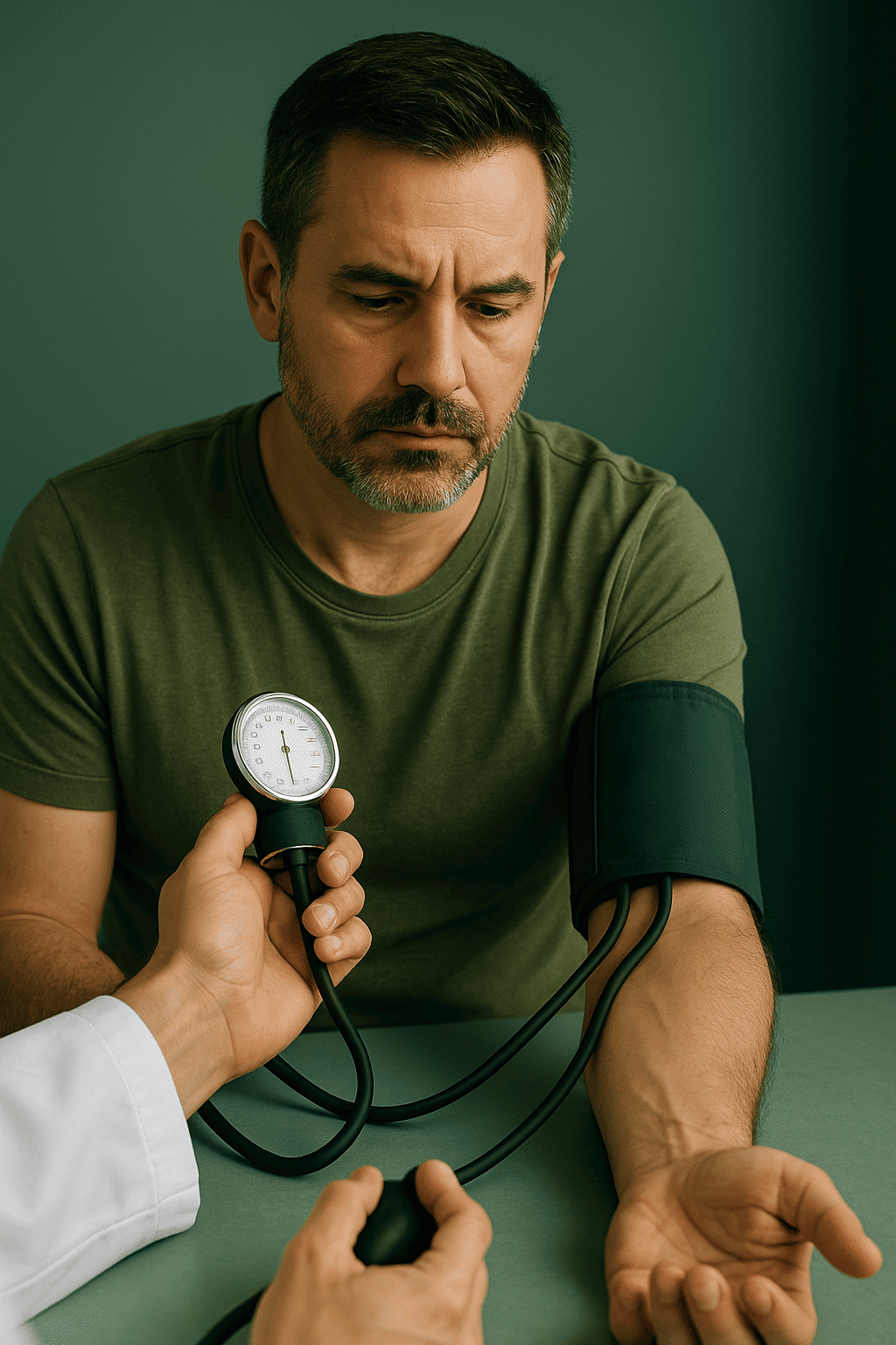 Paciente em consulta médica tendo a pressão arterial aferida em clínica de Brasília, representando cuidado com hipertensão.